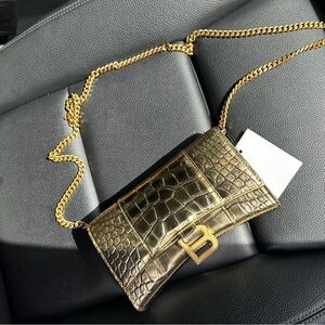 Balenciaga Gold Croc-Embossed Clutch with Chain